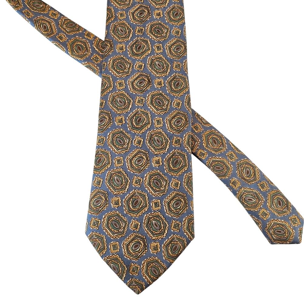 417 Van Heusen Mens Tie Blue Geometric Medallion Silk Blend 3.5” x 60”